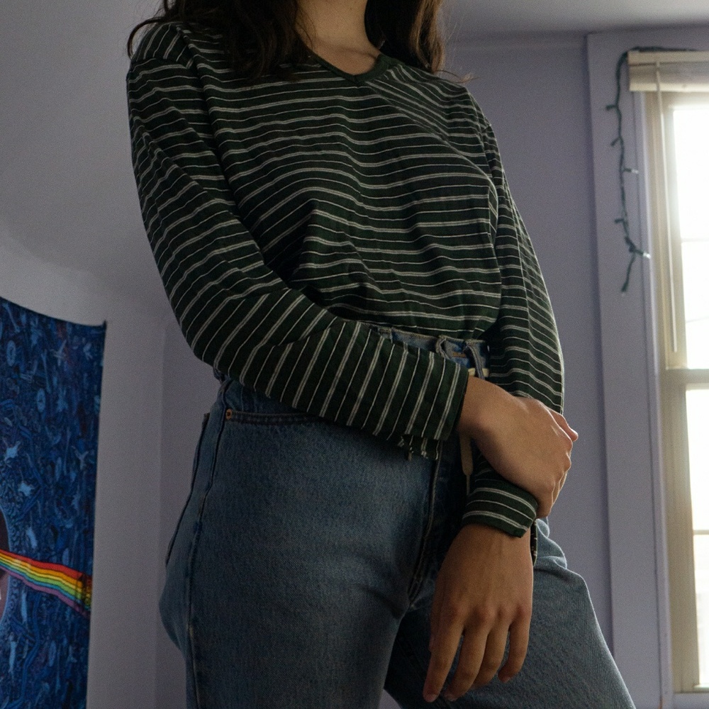 Green Striped V-Neck Long Sleeve